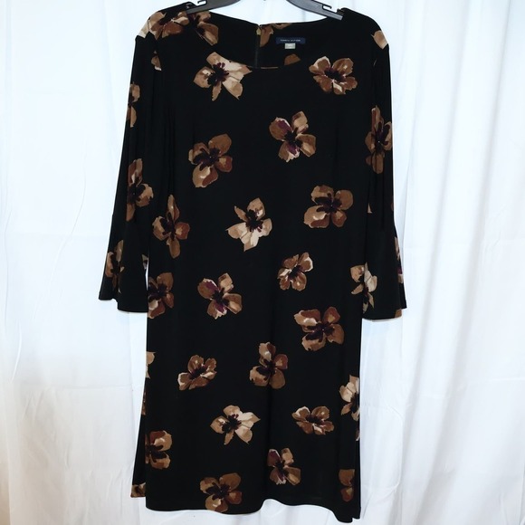 VTG Tommy Hilfiger Midi Dress Sz 16 3/4 Bell Sleeves Brown Floral Hidden Zipper - Picture 6 of 13